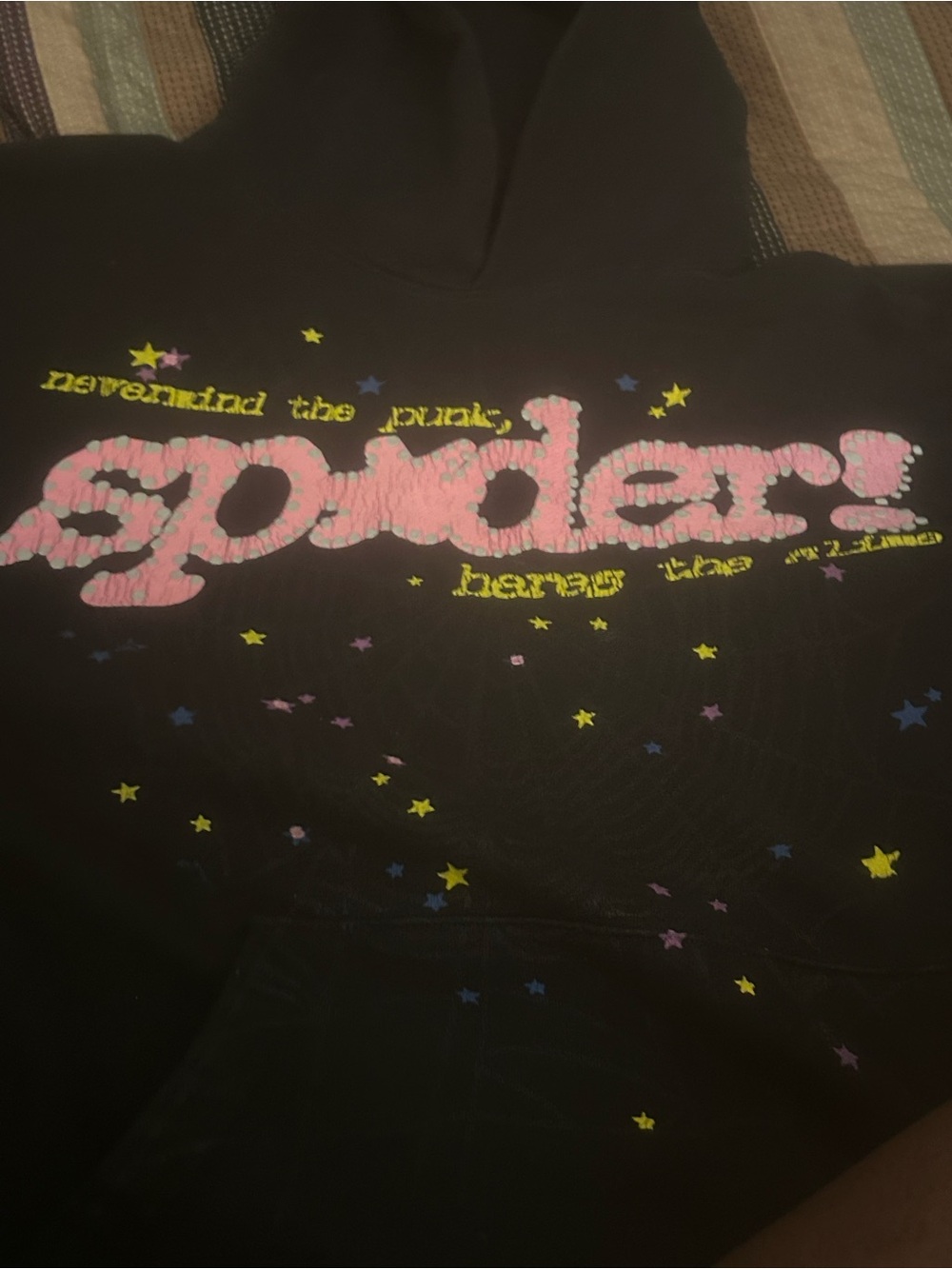 Black Graphic Pullover Hoodie with Pink Logo and Star Print